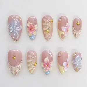 yonne Pastel Floral Press-On Nails, 3D Pink Flowers, Blue French Tips, Shell Texture Accent, Glossy Nude Base, Handmade Floral Spring Nail Set