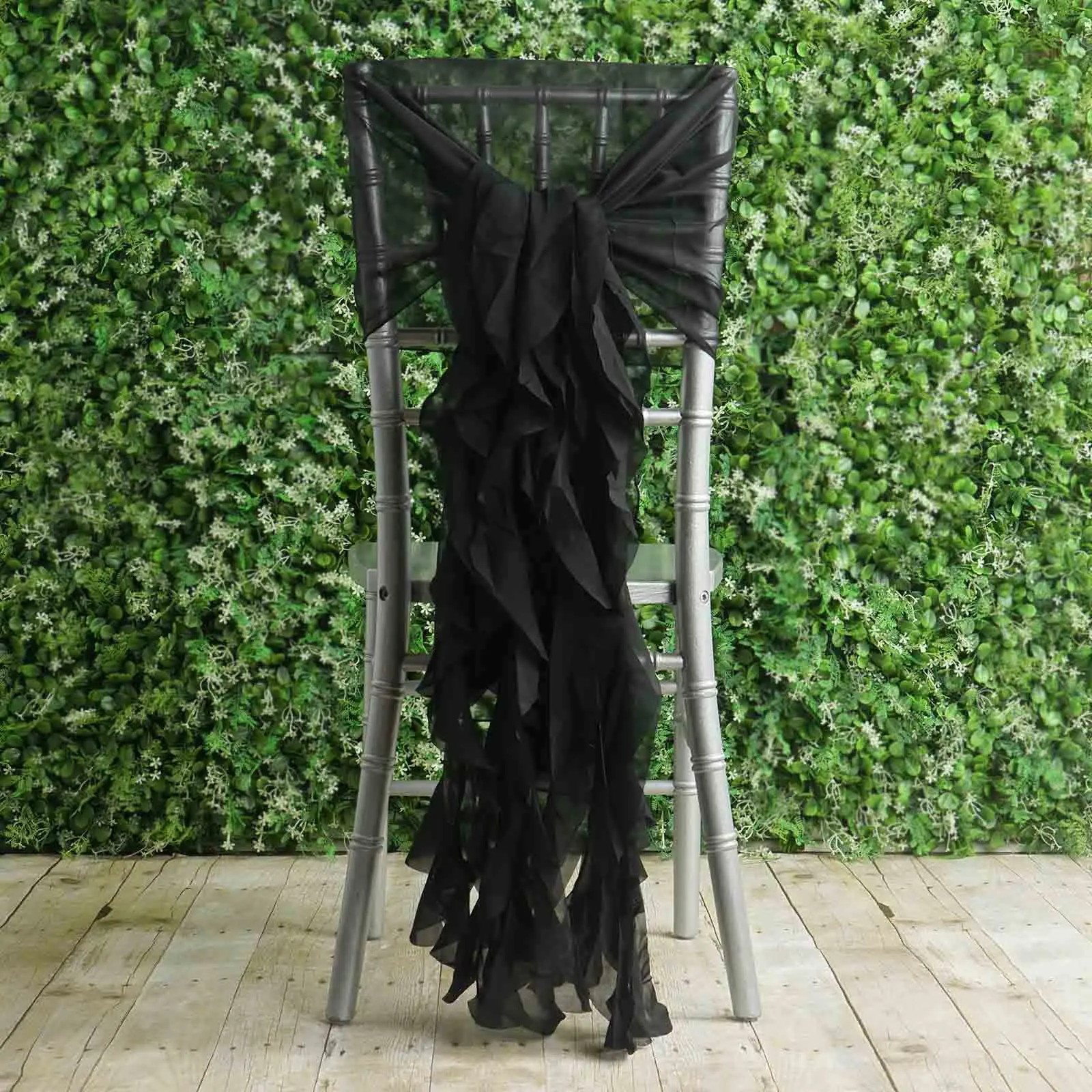 1 Set Chiffon Fabric Chair Cover Sashes with Willow Ruffles, Black Hooded Chair Sashes - Graceful Look Wedding Decor Accent, Hand Wash Only