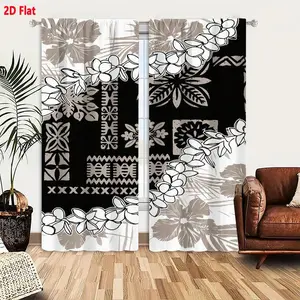 2D Flat 2-Piece Blackout Curtains with Polynesian Tribal Floral Pattern, Light Gray & White Hibiscus Plumeria Geometric Design, Tropical Bohemian Window Treatment for Living Room Bedroom Decor