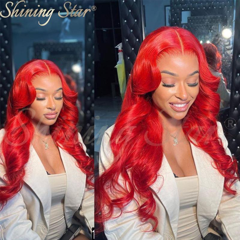 ShiningStar Red Body Wave 13X1 HD Transparent Lace Front Human Hair Wigs for Women Colored Brazilian Deep Part Wig 28INCH