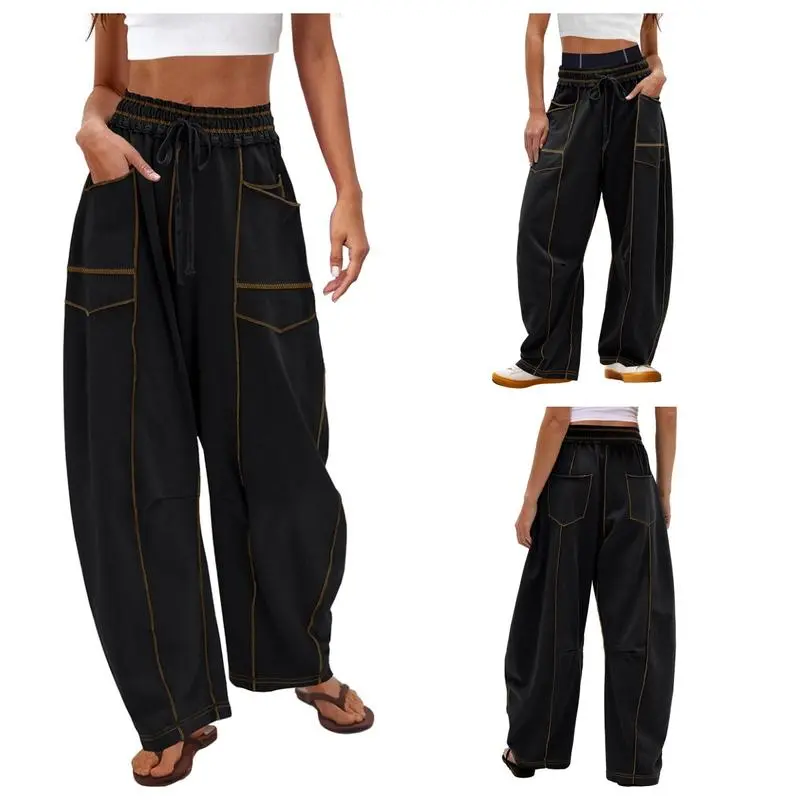 HOTOUCH Women's Linen Blend Palazzo Pants, Casual Loose Fit with Soft Adjustable Drawstring Waist and Pockets for Summer Vacation, Baggy, Oversize, Bottom