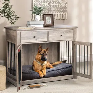 Vitesse 44 Inch Large Dog Crate Furniture, Wooden Dog Kennel End Table with Storage Drawers, Decorative Pet Cage Dog House Indoor for Dogs