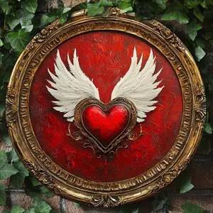 Vintage Angel Wings & Heart metal plaque! Round design, soft vibe for living room/garden decor!