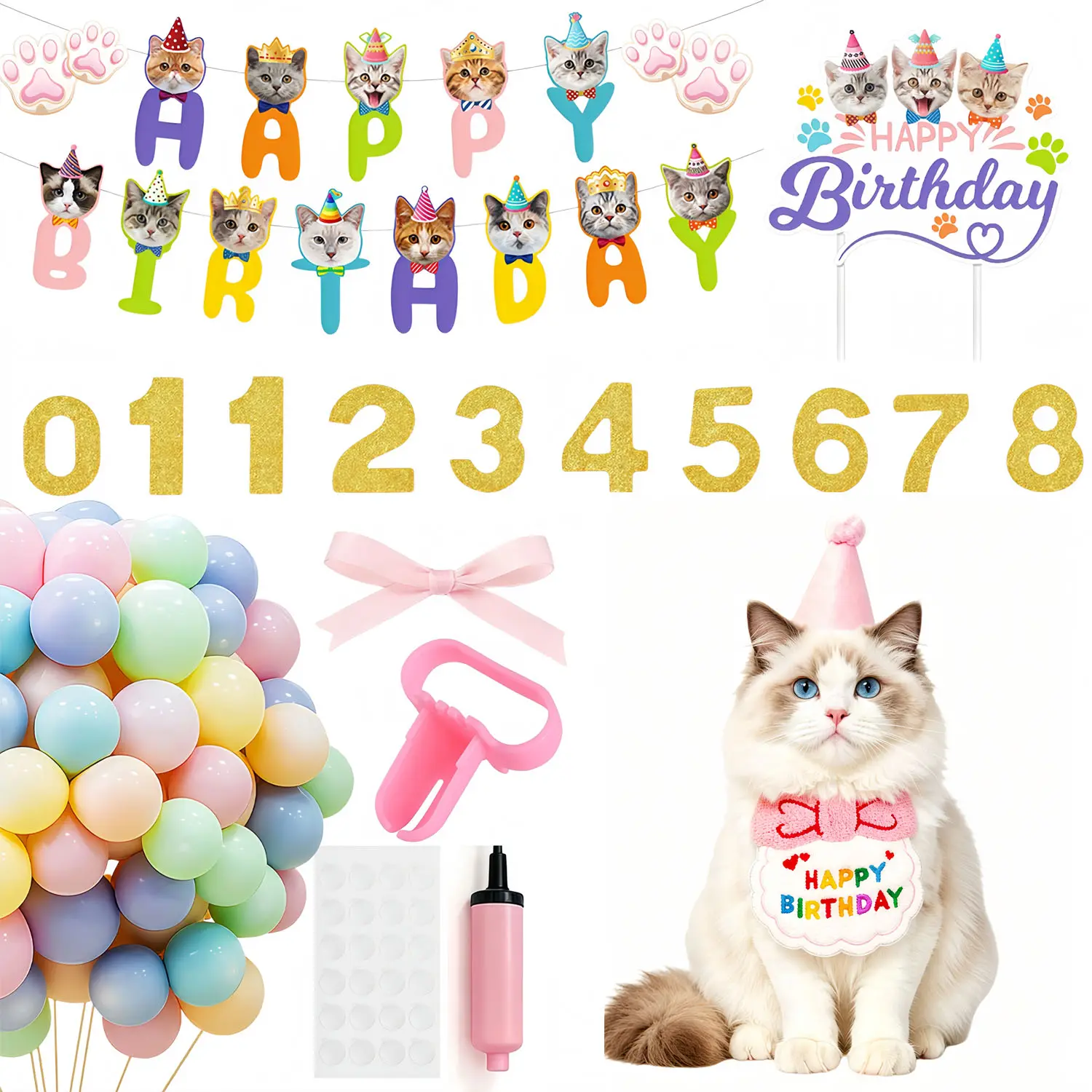 Non-Toxic PU Pet Birthday & Anniversary Decorations Set - Cute, Comfortable, Shiny, Lightweight, Adjustable Kit with Banner, Cake Topper, Hat, Bandana, 30+ Balloons, Number Stickers, Photo Props, Ideal Gifts for Dogs, Cats, Animals