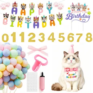 Cat Birthday Party Decorations Kit, Pet Birthday Supplies with Banner, Cake Topper, Hat, Bandana, Balloons, Number Stickers, Cat Themed Birthday Decor for Cat Birthday, Kitten Birthday Party, Pet Birthday Celebration