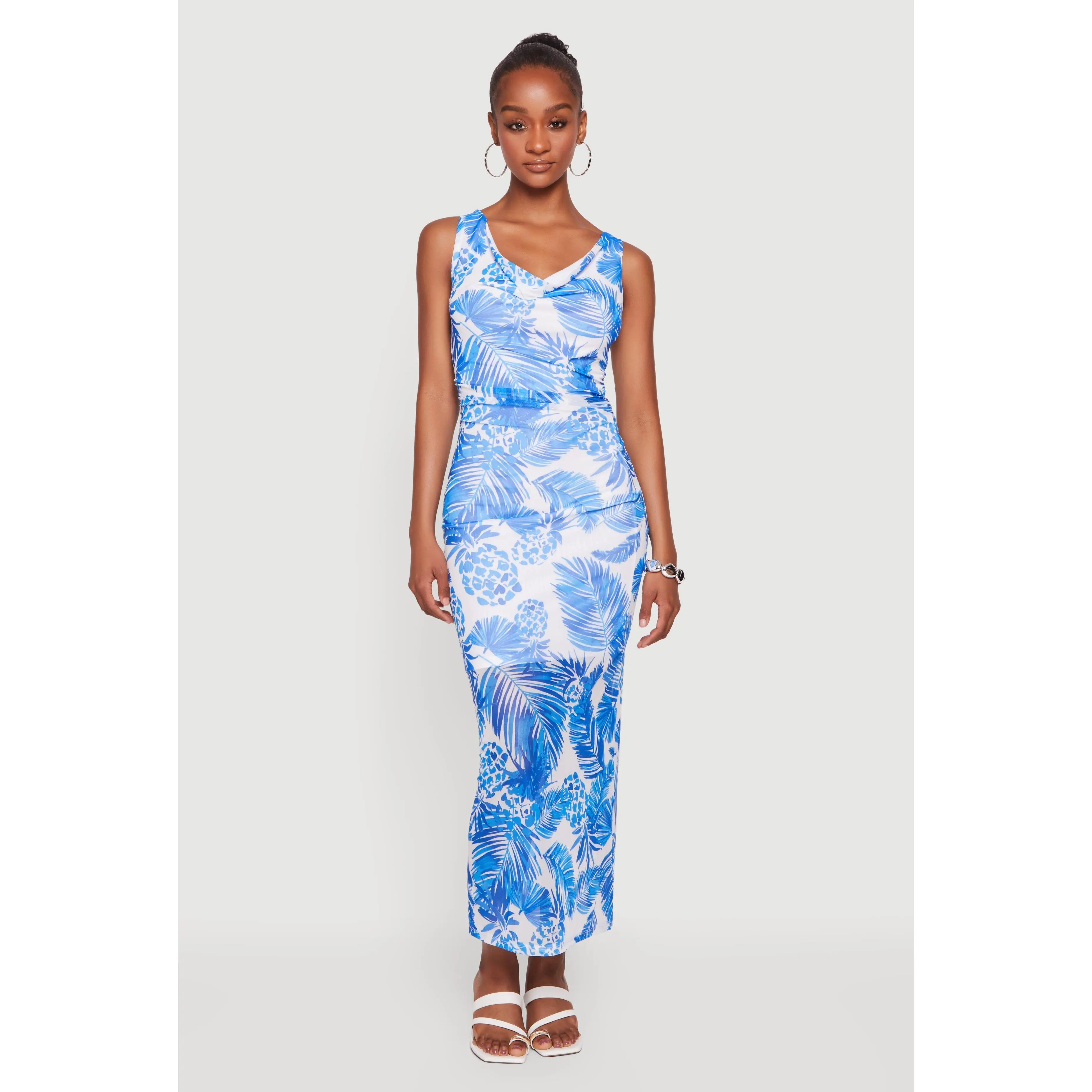 Pineapple Print Cowl Neck Sleeveless Mesh Maxi Dress