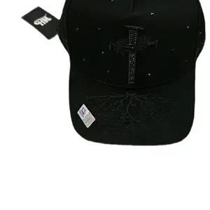 Gorra De la Crus Black Baseball Cap with Rhinestone Cross Design and Embossed Tree of Life Pattern