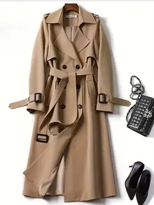 Women's Versatile Solid Color Notch Lapel Double Breasted Detachable Belt Trench Coat, Fall & Winter Wrap Tie Waist Outerwear Jacket, Mid-Length Trench Coat