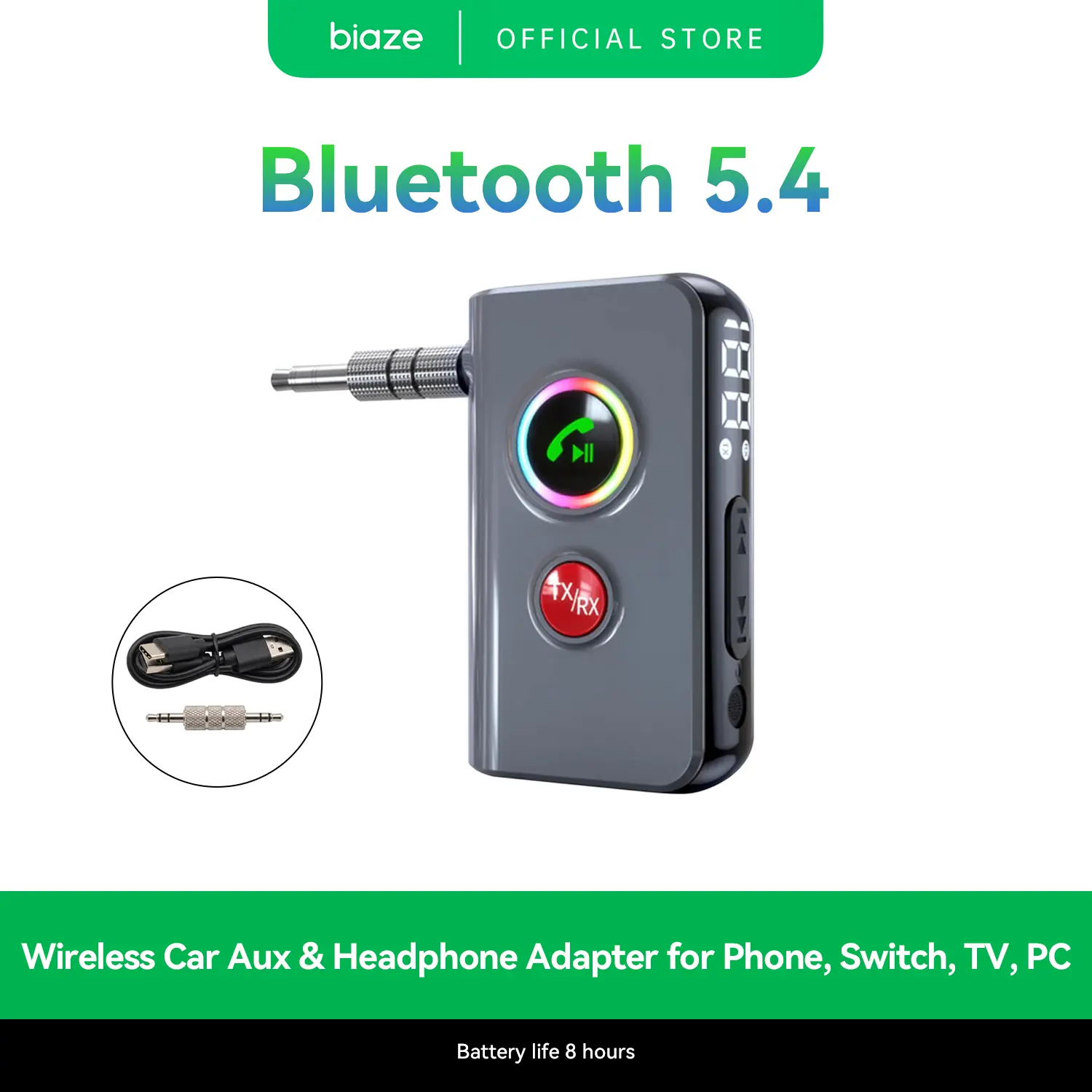 Biaze Bluetooth 5.4 Car Adapter   AUX to Bluetooth Transmitter 3.5mm Audio Blue-Tooth Receiver for Cars Stereo Home Speaker Battery Display Cool Lighting Effects 8-Hour Long Battery Life Car Accessory Bluetooth back to school,back to school haul