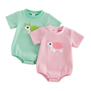 Infant Baby Girl Summer Romper Casual Turtle Embroidered Striped Short Sleeve Jumpsuit 0-18 Months