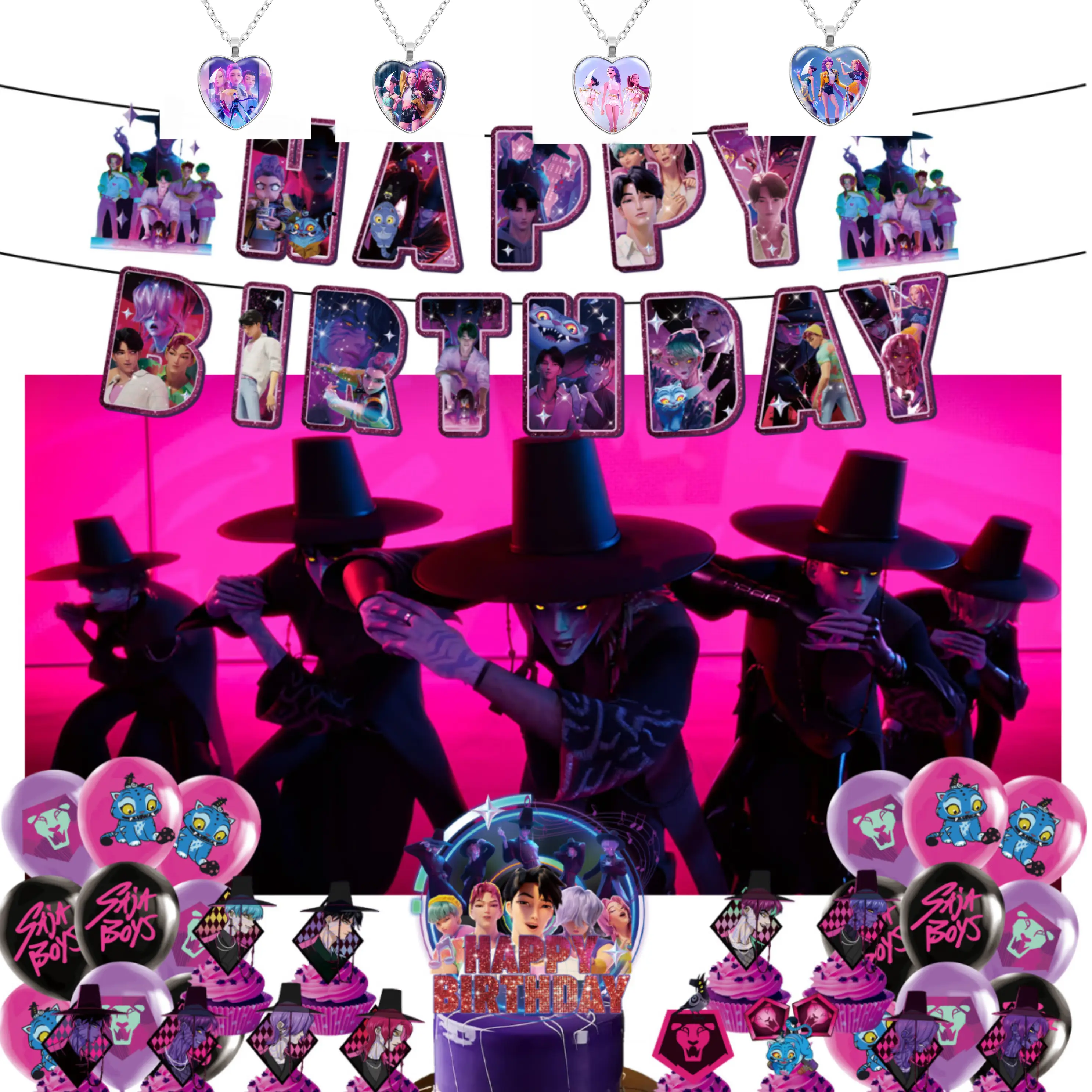 Kpop boy birthday red banner decoration set, including balloons and backdrop, a must-have birthday surprise for anime and movie fans.