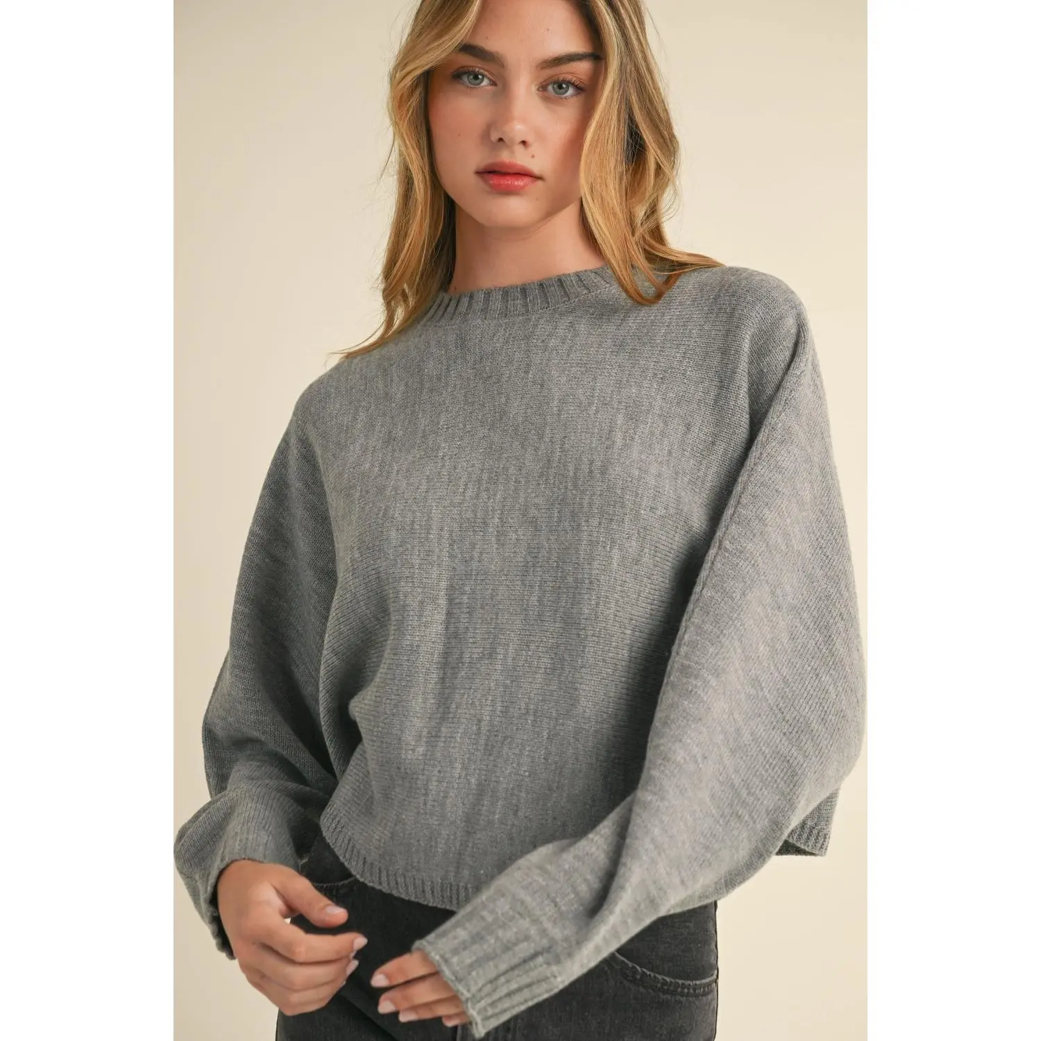 Mable Round Neck Dolman Sleeve Cropped Sweater