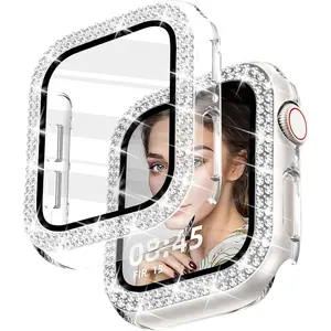 Bling Case with HD Screen Protector Women Compatible with Apple Watch 44mm Diamond Protective Face Cover PC Frame Protector for iWatch Series 4/5/6/SE Clear