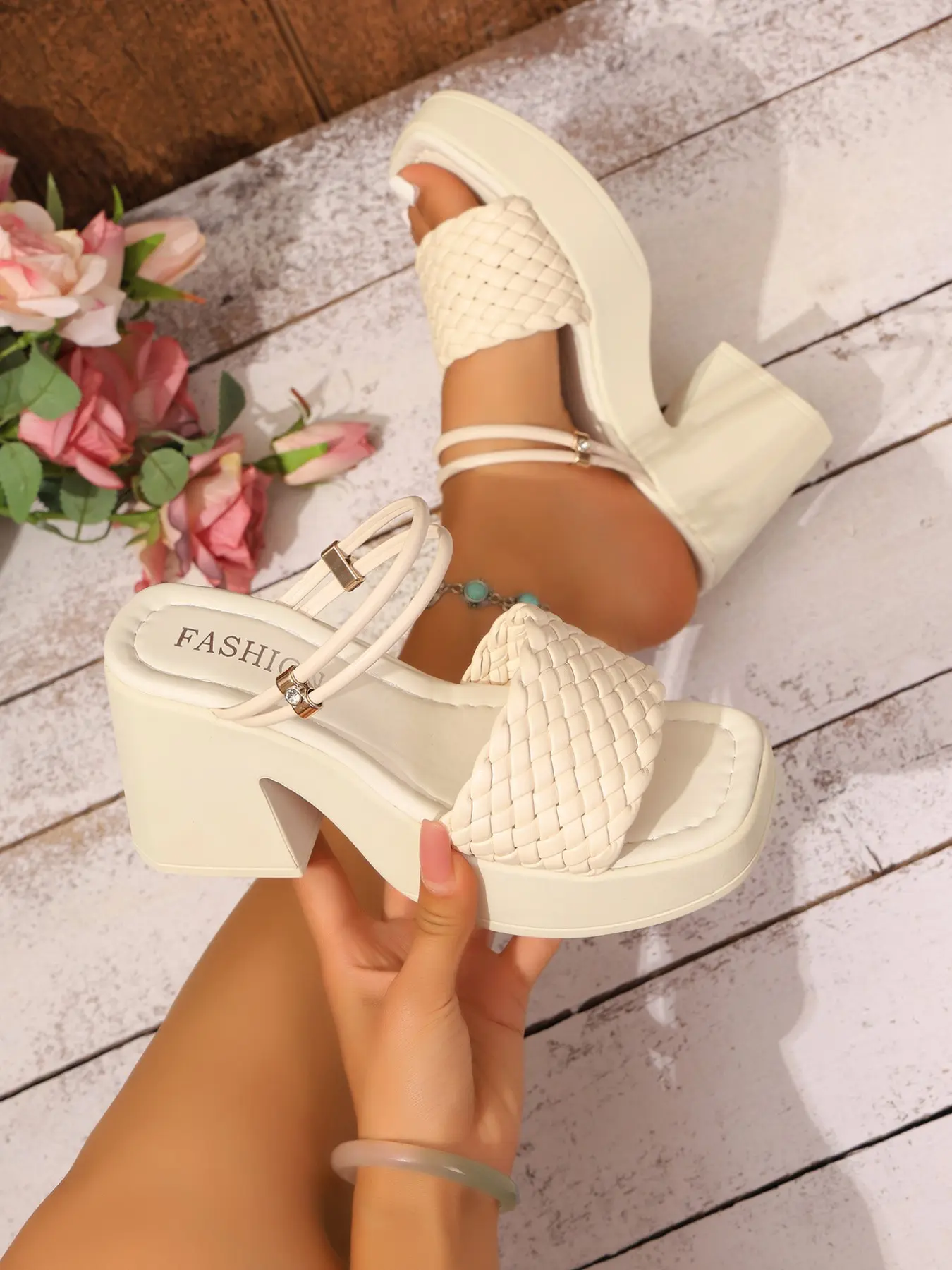 Women's Summer New Cream Color Woven Chunky Heel Wedge Platform Sandals, Fashion Stylish Sexy Thick Sole High-Heeled Toe-Exposed Women's Platform Shoes, Block Heel, Open Toe Footwear