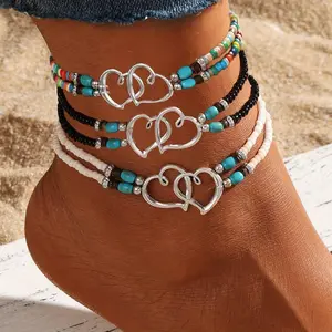 Women's 3-Piece Alloy Metal-Coated Exquisite Beads Heart Charm Multi-Layered Anklet Set, Boho Chic Double-Layer Design, Anklets for Women, Ideal for Summer Vacation, Wedding Gift