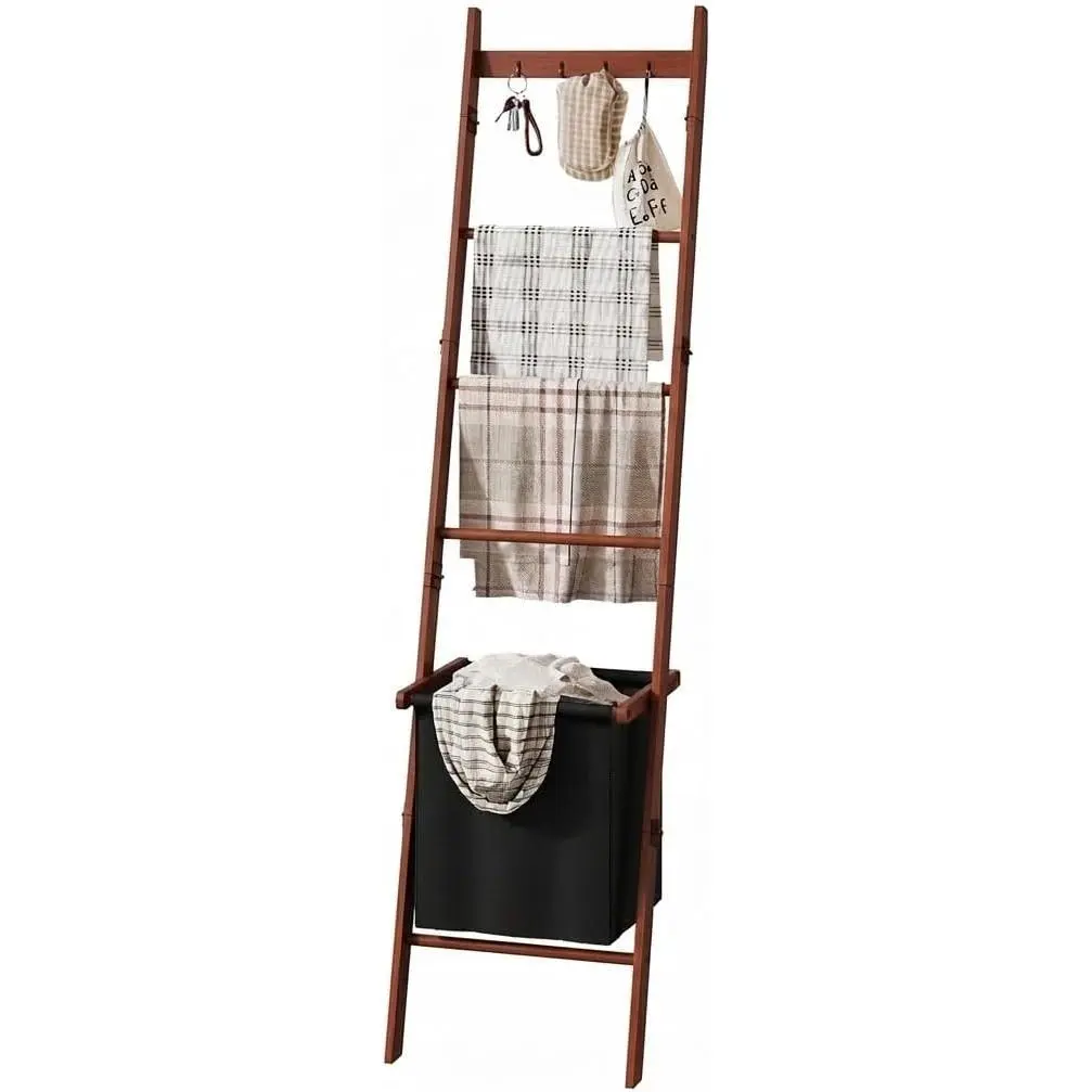 Brown Farmhouse Blanket Ladder Organiser - 5-Tier Quilt Rack Stand with 4 Hooks, Synthetic Storage Basket, Ladder Shelf for Comforters, Throws Display (Living Room, Bathroom Home Supplies)