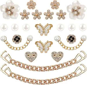 24 Pcs Bling Shoe Charms For Women Flower Pearl Rhinestone Chain Cute Decoration Clog DIY Accessories Gift