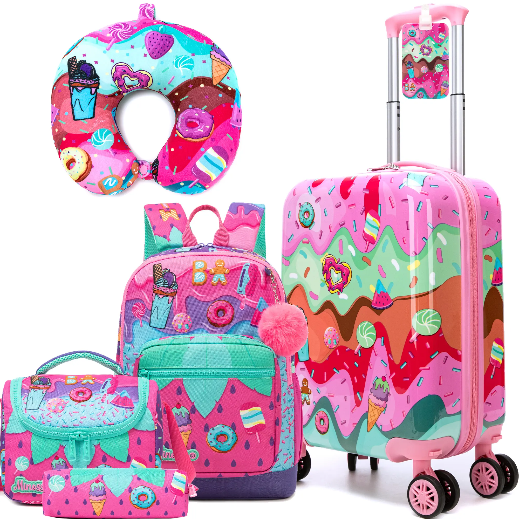 Girls Cute Pink Donut Sweet Treats Hardshell Luggage 5 Pcs Set | Delicious Candy Ice Cream Rolling Suitcase with School Backpack Insulated Lunch Box Pencil Pouch & Neck Pillow | Kids Travel Combo 2026