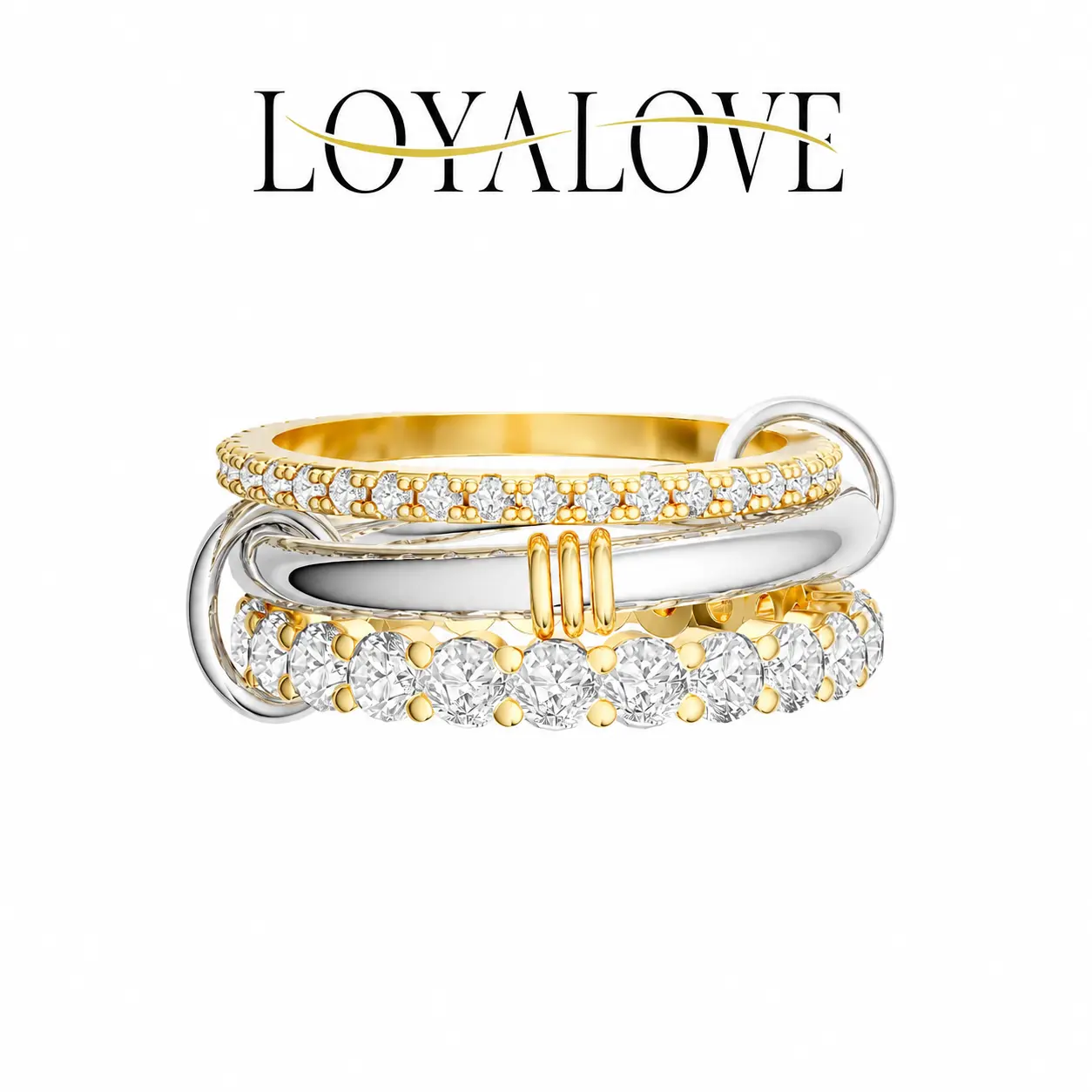 LOYALOVE Two Tone Interlocking Ring for Women, Gold and Silver Stacked Cubic Zirconia Statement Ring, Mixed Metal Triple Band Trendy Jewelry Gift