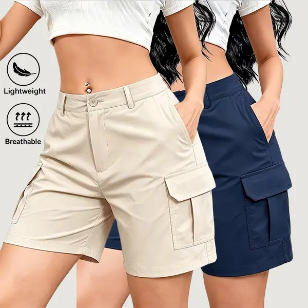 2-Pack Women’s Summer Cargo Shorts, Y2K Style, Waist Button Closure and Large Pockets, Available in Multiple Colors, Suitable for Everyday Casual Wear in Summer