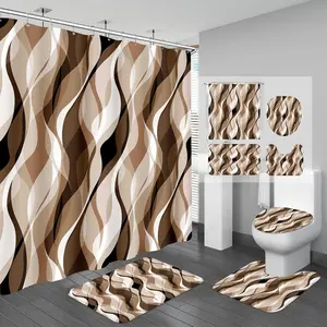 4PCS Brown Bathroom Sets with Shower Curtain and Rugs, Abstract Striped Shower Curtain Sets with Rugs, Modern Luxury Bathroom Curtains Shower Set Accessories