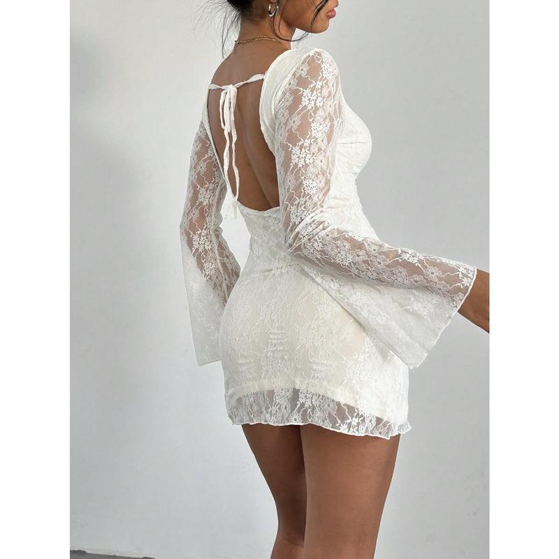 Women's Elegant Lace Backless Tie-Up Long Sleeve Mini Dress,White Graduation Dress