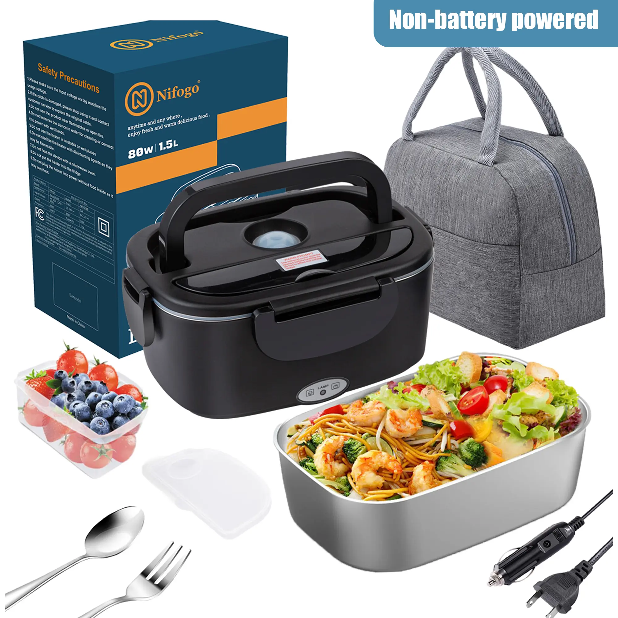 Heat Up Lunch Box Portable for Adults, Compact 1.8L 100W Electric Food Warmer with Tableware & Bag for Car, Camping & Home Use