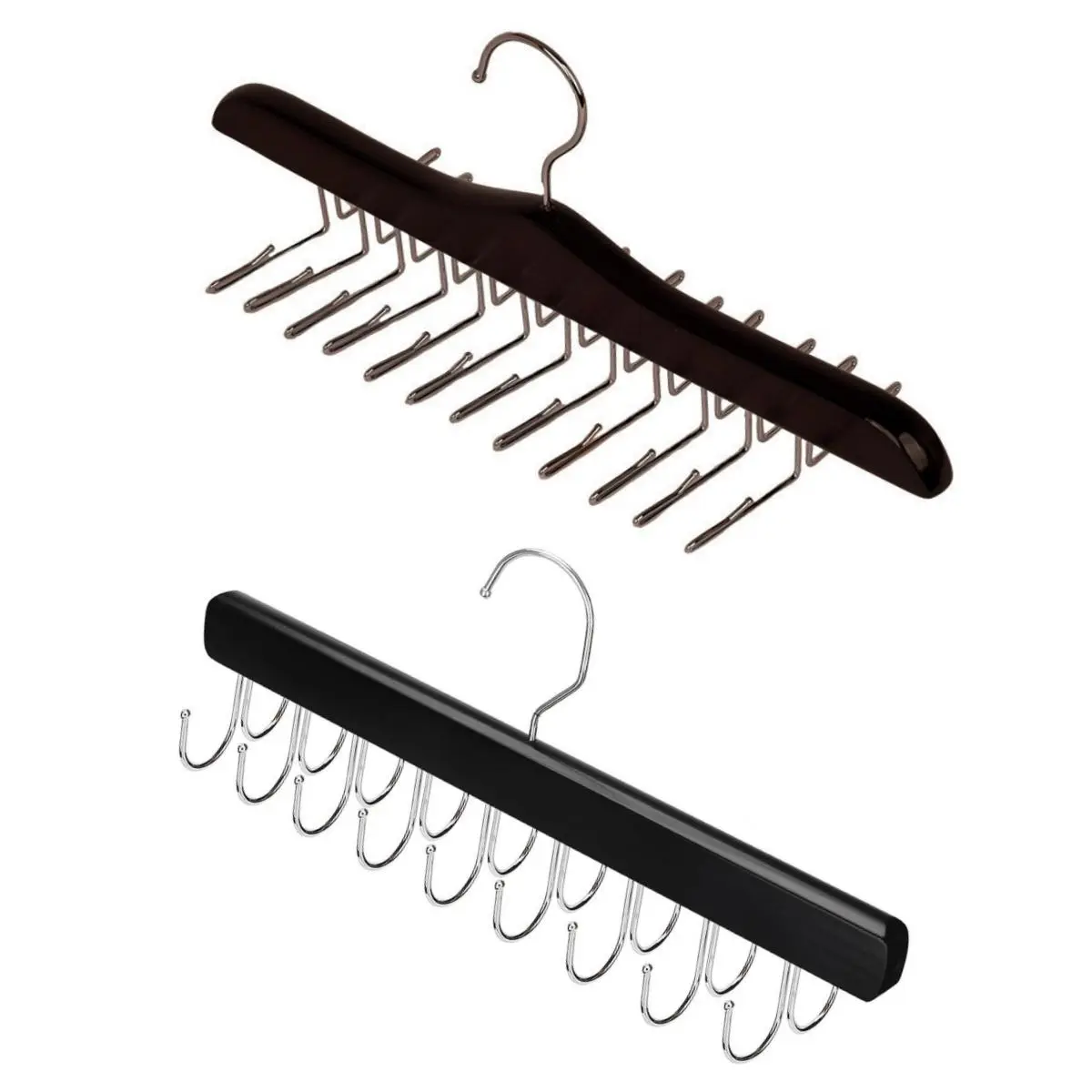 2 Packs Wooden Tie Organizer for Men with 24 Folding Hooks & Wooden Tank Top Hangers with 36 Foldable Hooks for Storage and Display Bra, Tank Top, Camisole (Black)