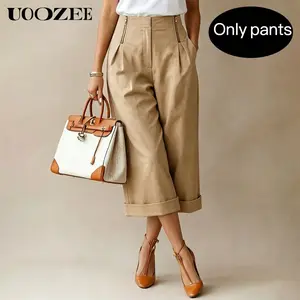Uoozee Women's High Waist 100% Cotton Culottes, Wide Leg Cropped Pants with Cuffed Hem, Gold-Zipper Details, Elastic Back Waist, Office & Streetwear, Curvy Waist Friendly, Size up if you have a full waist or between sizes