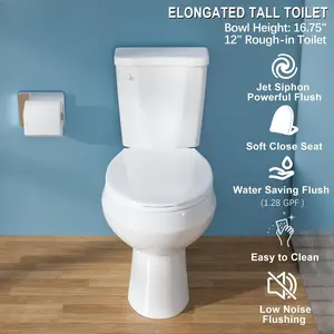 Marevia 17-Inch Elongated Tall ADA High Toilet with Lid, 1.28 GPF 2-Piece Single Flush, 360° Jet Siphon System, 17.5" Seat Height, Seniors-Friendly Quiet-Close White Toilet
