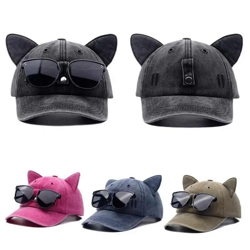 Cute Cat-Ear Pilot Sunglasses Baseball Cap for Men and Women: Streetwear Hip-Hop Style with Built-in Sunglasses, Pink