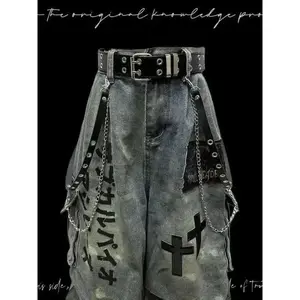 Gothic Punk Wasteland Jeans - Seven-Part Patchwork Wide Leg, Distressed Wrinkled Pants Menswear Trouser Man Streetwear Denim Pocket Tropical