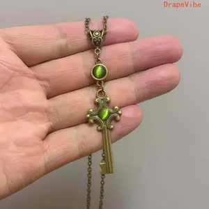 Victorian Gothic Emerald Treasure Chest Key Pendant Necklace Vintage Bronze Stylish Exquisite Daily Wear Neck Accessory For Women