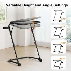 Homy Casa Baseline Z-Shaped Adjustable End Table with Cup Holder Black Metal Frame & PP Top Foldable Design for Living Room & Bedroom Multi-Purpose Functionality