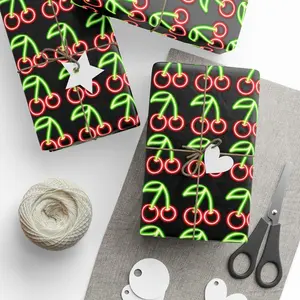 Cute Cherry Neon Glowing Sign Premium Eco Friendly Decorative Gift Wrapping Paper 30x36 or 30x72 Vibrant Colors High Quality USA Made