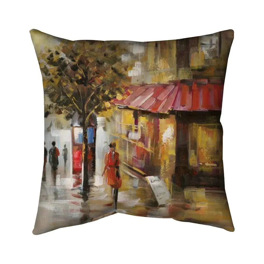 360 Stand 18x18in UV-Resistant Outdoor Throw Pillow, Modern Art Street Scene Abstract Design with Yellow Man Passers, Polyester Print Household Textile Home Decor 5542-1818-ST4, Creative Decorative Cushion, Sun Protection, Water Resistant