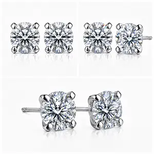 D Color VS Clarity 0.3 to 1 Carat S925 Sterling Silver Round Shape IGI Certified Lab Grown Diamond Stud Earrings for Women, 4 Prong Push Back