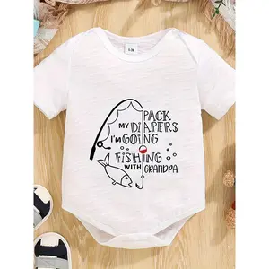 [Fishingthemed Apparel] Adorable Newborn Baby Cotton Jumpsuit - "My Diapers I'm Going Fishing with Grandpa" Print, Short-Sleeved Onesie for Boys & Girls, Bamboo Knot Detail, Perfect for Outdoor Adventures, Machine Washable, Baby Clothing|Sentimental Print