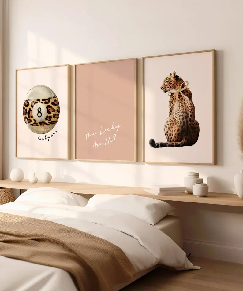 How Lucky Are We Set of 3 Postert Leopard Wall Art Print Lucky 8 Ball Poster Lucky Me Trendy Wall Gallery Preppy Cheetah Wall Art