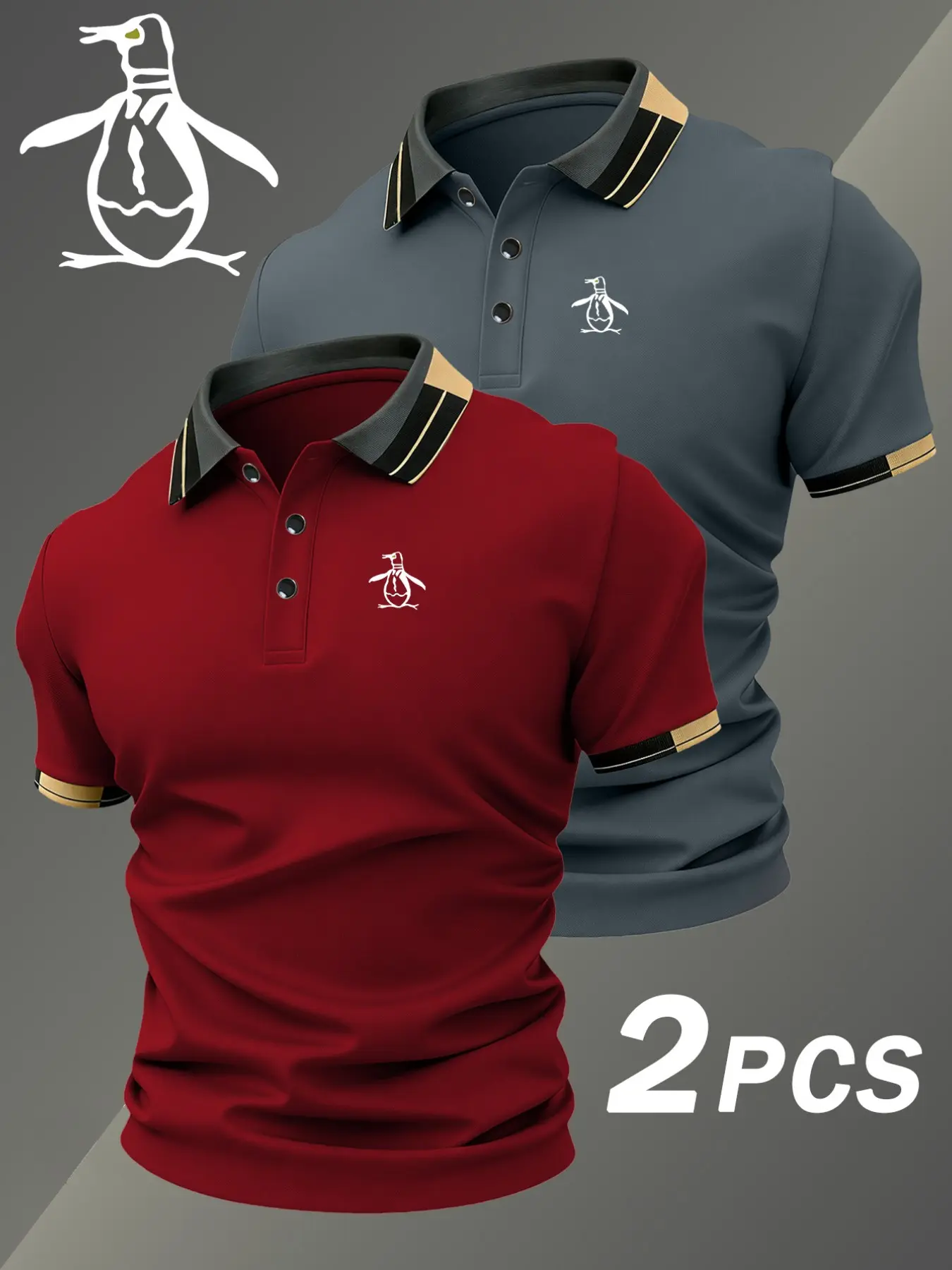 Two-Pack Hh827 Penguin Print Men's Button-Down Shirts, Stretchy Classic Casual Breathable All-Season Comfortable High-Quality Polo Shirts