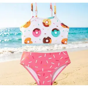 Girl's Swimwear 2pcs Dunut & Candy Print Sling Top + Brief Set Fashion Swimsuit Seaside Pool Beach Vacation Bathing Suits