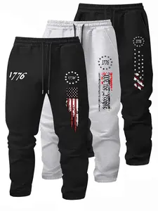 Men's Fleece Lined Casual Flag Print Pants Set, Adjustable Drawstring Waistband, Comfortable Daily Wear & Gym