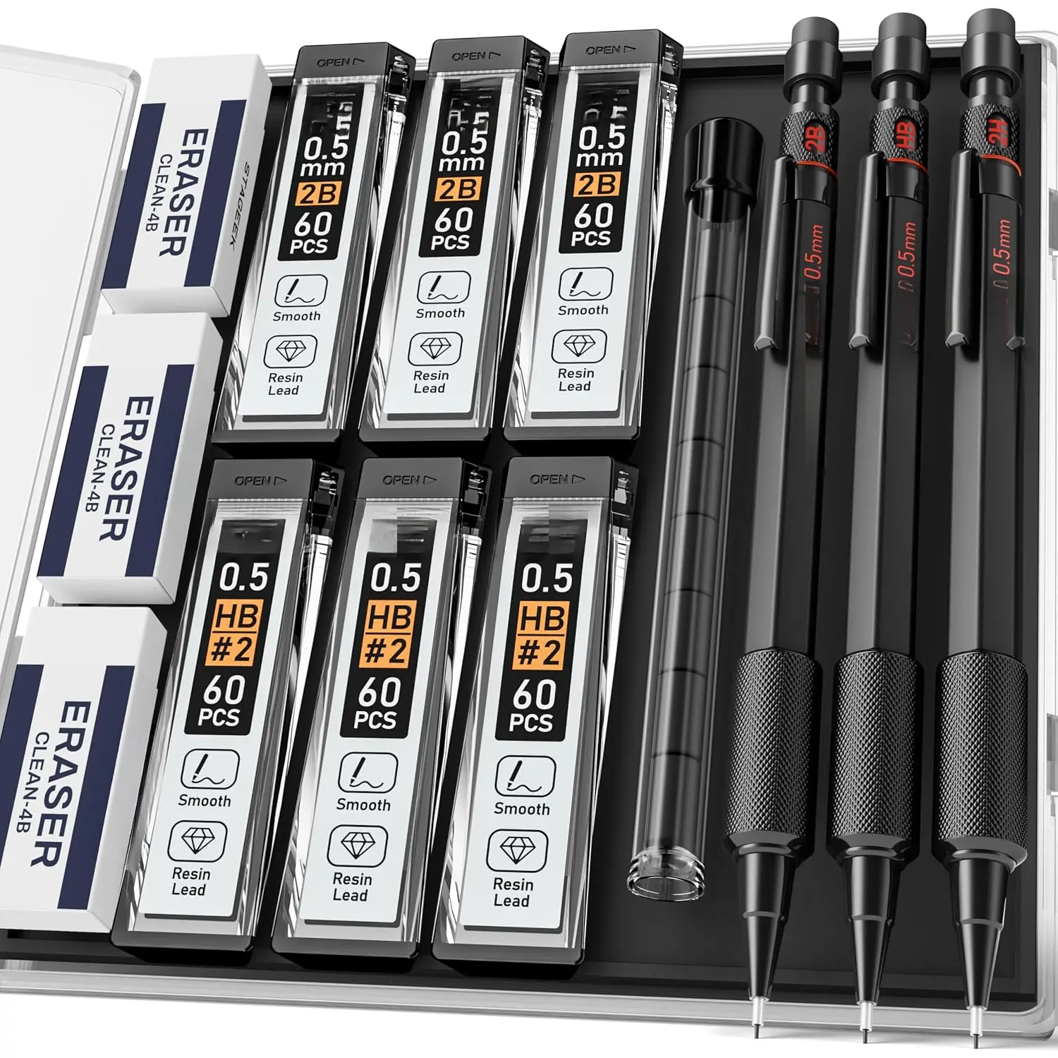 0.5mm Mechanical Pencil Set, 3 count Metal Mechanical Pencils 0.5mm with 6 Tubes HB & 2B Lead Refills, Erasers, Weatherproof Artist Pencils with Case for Outdoor Writing Drafting Drawing