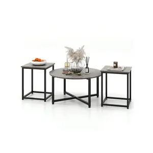 Indoor furniture  Gymax Round Nesting Set Of 3 Coffee Table W 2 End Tables Sturdy Metal Frame