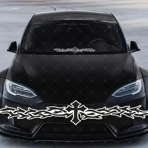 1PC Dark Gorgeous Cross Scrollwork Decor Line Car Sticker, Sticker For Cars, Car Decals For Car Bodies, Backpacks, Laptops Symmetric Scrollwork Decor Line Fills With Cool Vibe, Dark Scrollwork Style