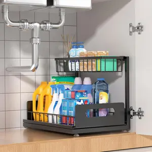 Undersink Storage Rack Pull-out Cabinet Organizer for Kitchen & Bathroom Sliding Out Sink Rack Compact Design Saves Space Black Color Versatile Use