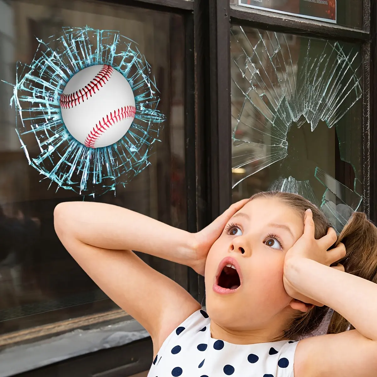 1pc Fun Baseball Shattered Window Sticker, Realistic 3D Broken Glass Decor for Bars and Restaurants, Creative Window Decoration