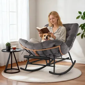 2pcs Oversized Papasan Rocking Chair with Foot Rest, Thick Removable Cushion, Metal Frame, PE Rattan Lounge Chair for Patio, Porch, Living Room