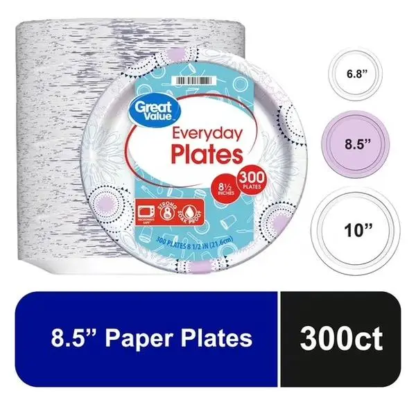 8.5 Inch Disposable Paper Plates, 300 Count, Soak-Resistant Microwave Safe Paper Plates for Snacks, Lunch, Parties & Everyday Meals