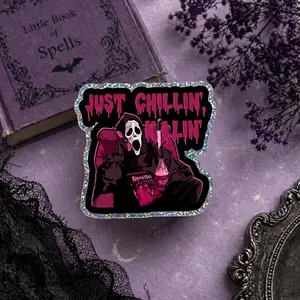 Chillin Horror Mask Acrylic Phone Grip, Funny Snack Scene Phone Holder, Pink Gothic Spooky Accessory For Teens And Horror Fans